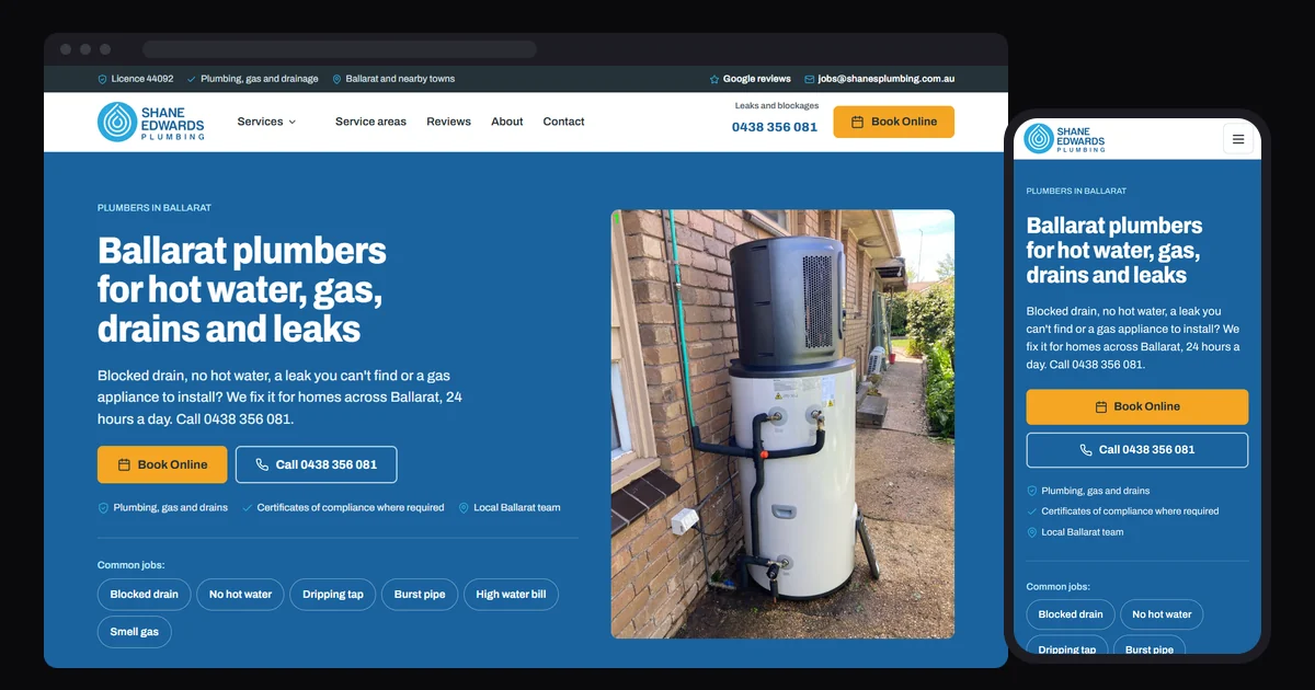 The new Shane Edwards Plumbing home page on a laptop and a phone