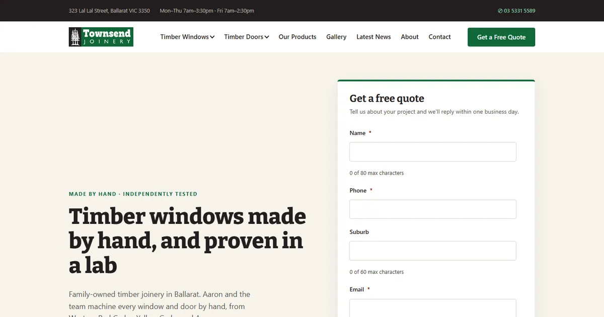 The new Townsend Joinery homepage, with a free quote form beside the headline