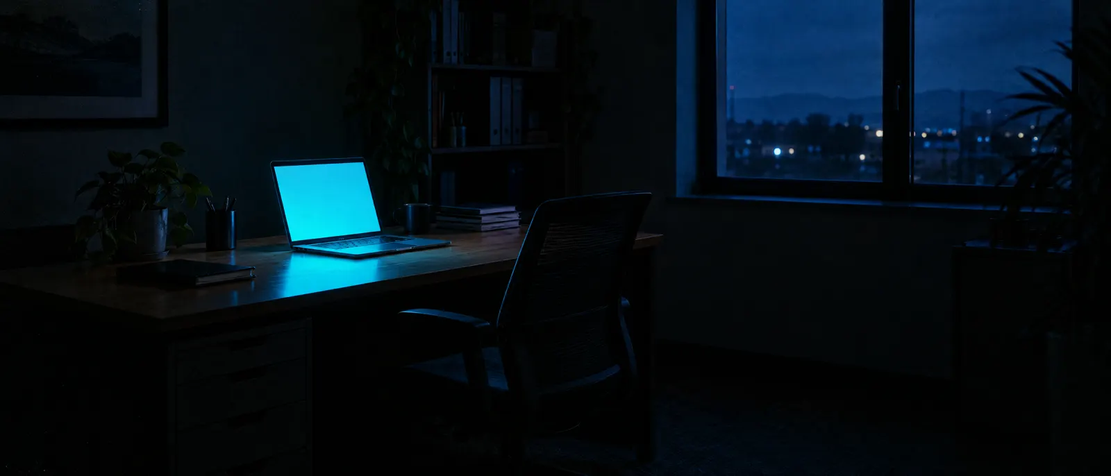 An empty office chair at a tidy desk late at night, a laptop still glowing on it.