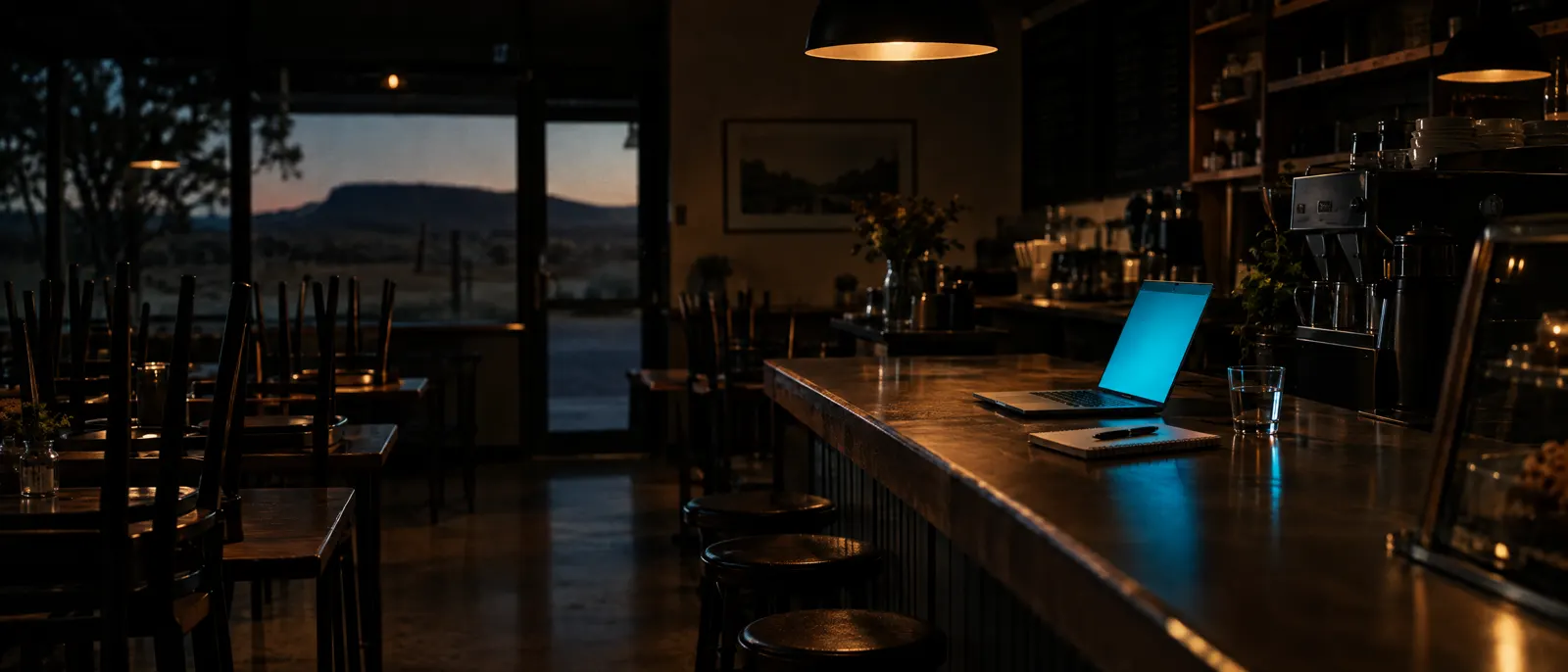 A laptop open on a cafe counter after closing, chairs stacked on the tables behind it.