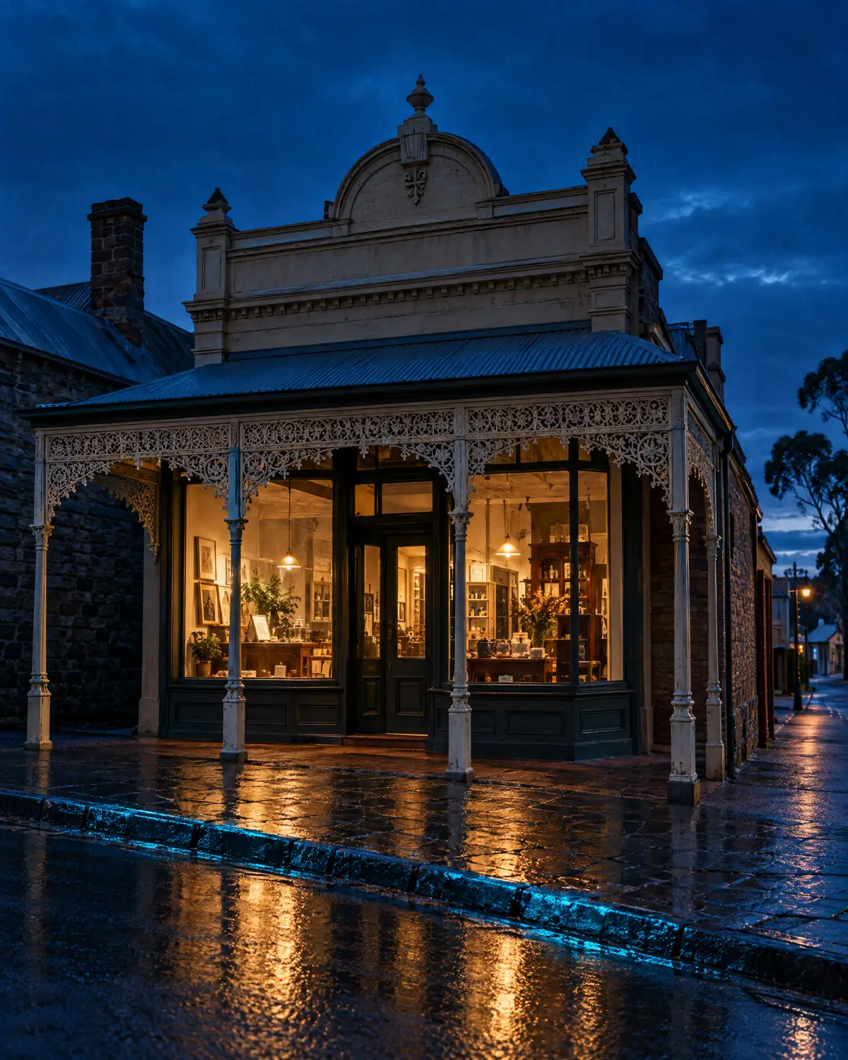 A restored heritage shopfront in a regional Victorian town at dusk, its windows lit from inside.