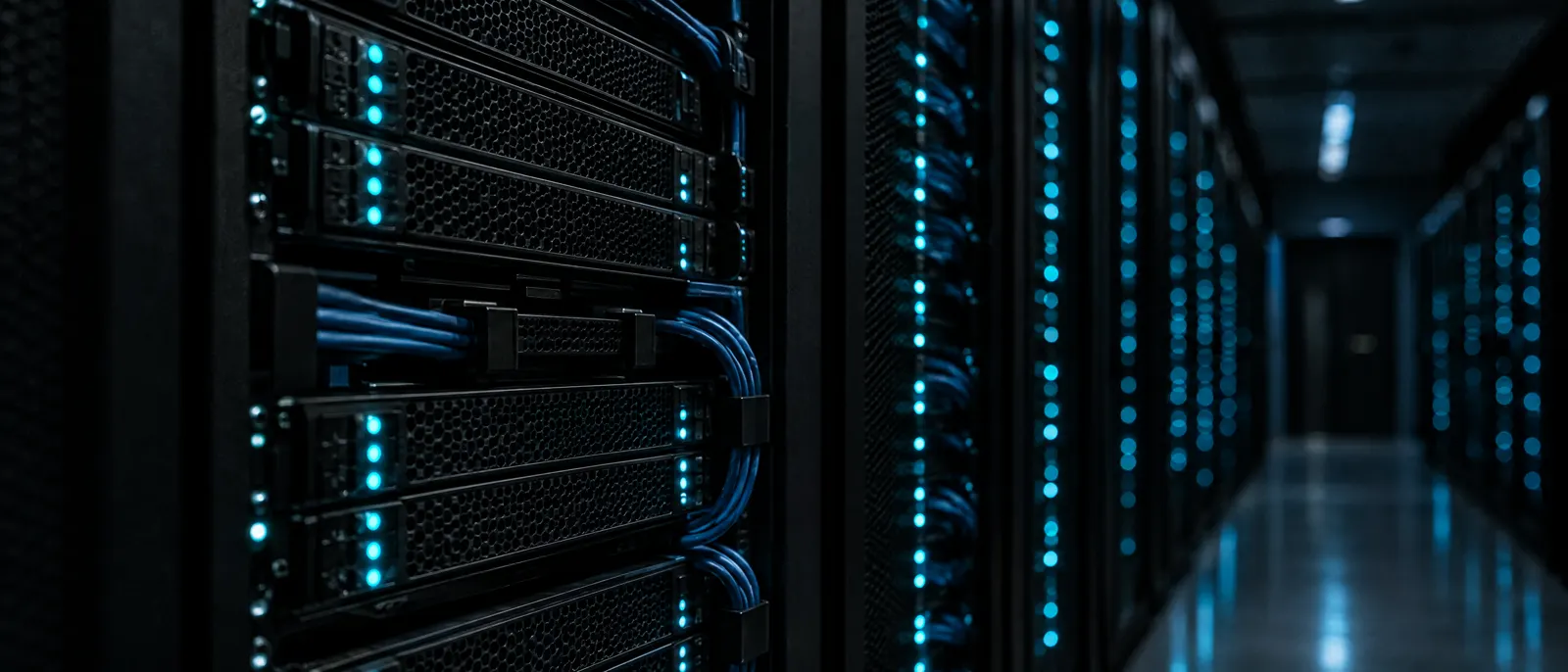 Rows of small status lights along the front of a server rack at night.