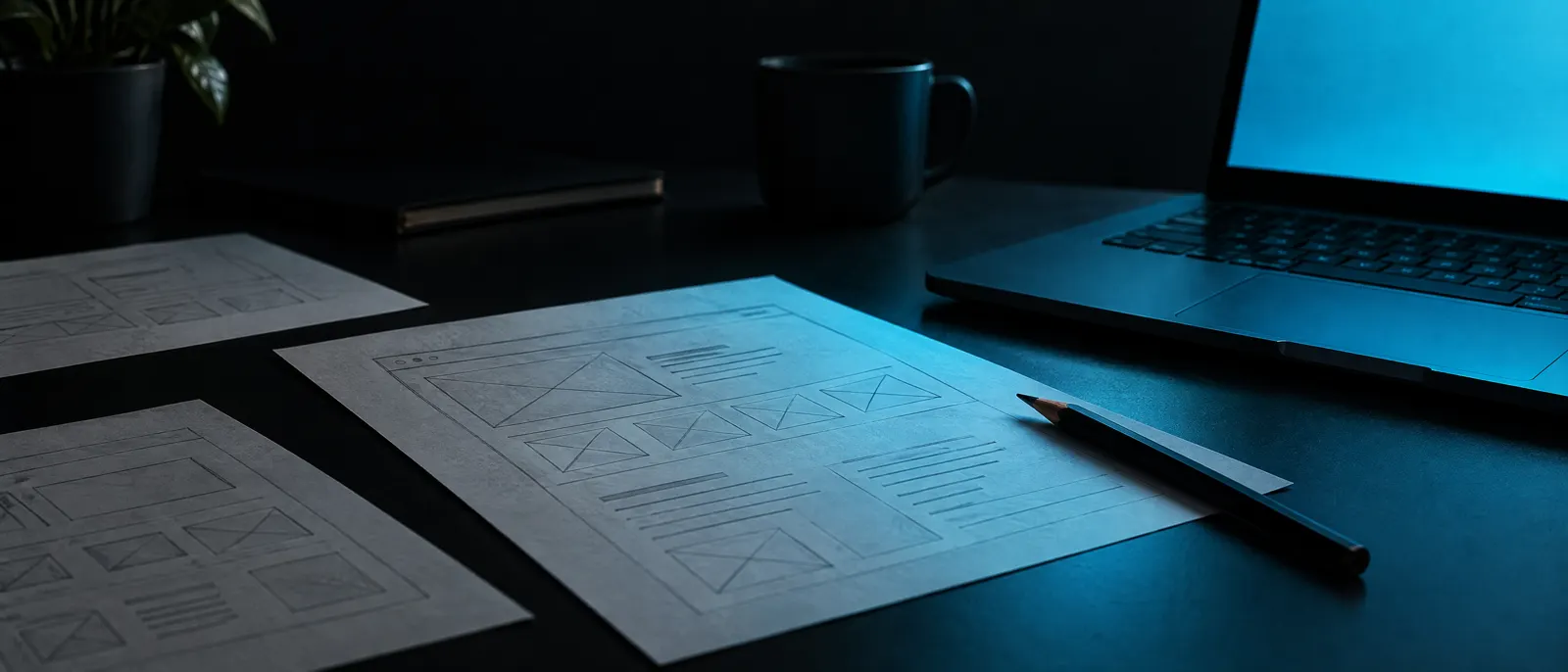 Paper wireframe sketches and a pencil on a dark desk, lit by the glow of a laptop screen.