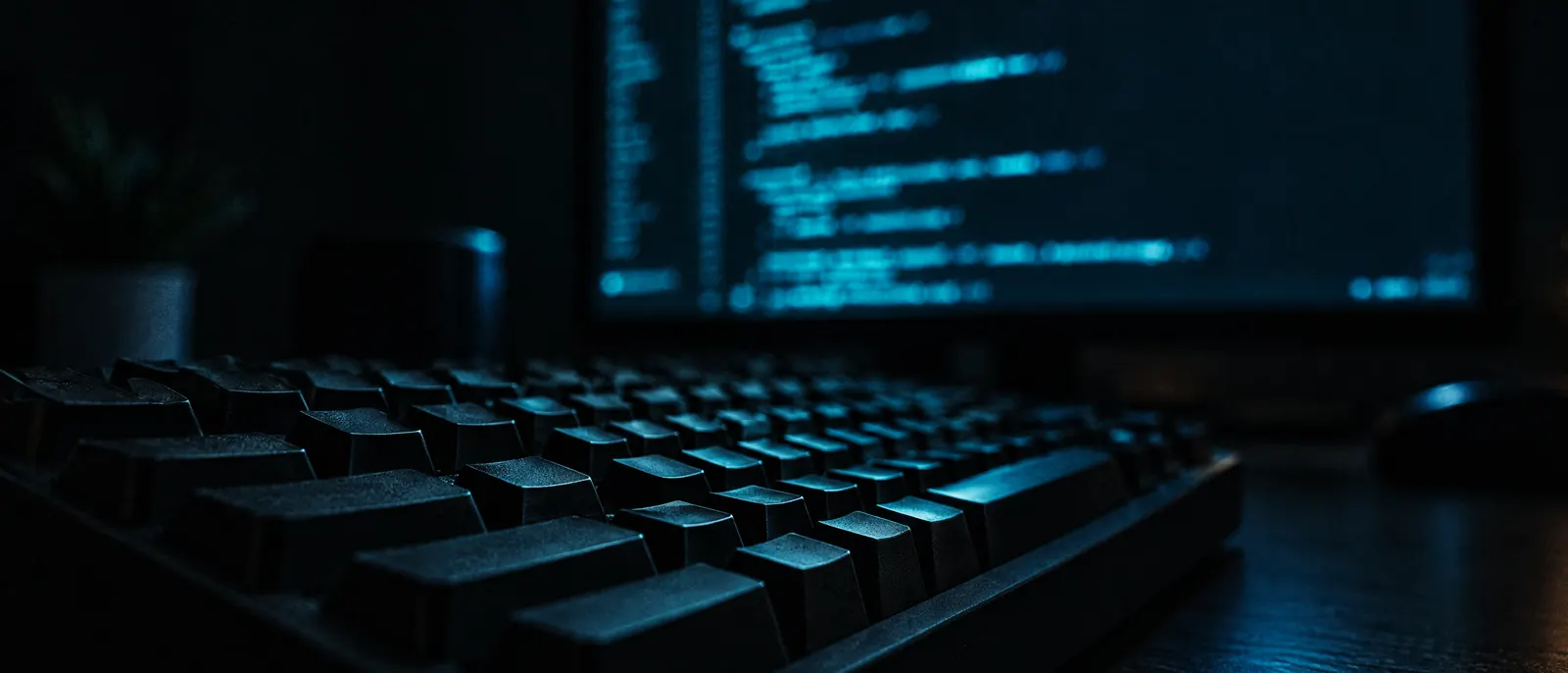A keyboard in the foreground and lines of code glowing on a monitor in a dark room.
